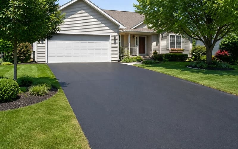 Normal home with a clean recently sealed asphalt driveway