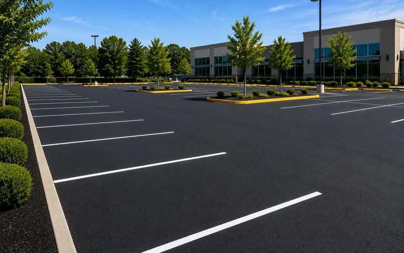 Commercial parking lot with bright readable white stall lines