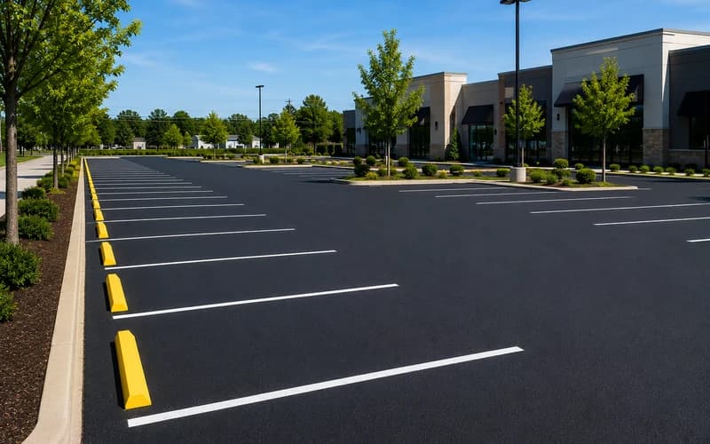 Refreshed commercial parking lot with dark asphalt and clean white lines