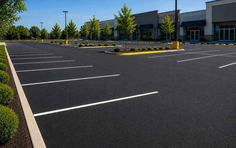 Commercial lot with dark refreshed asphalt surface