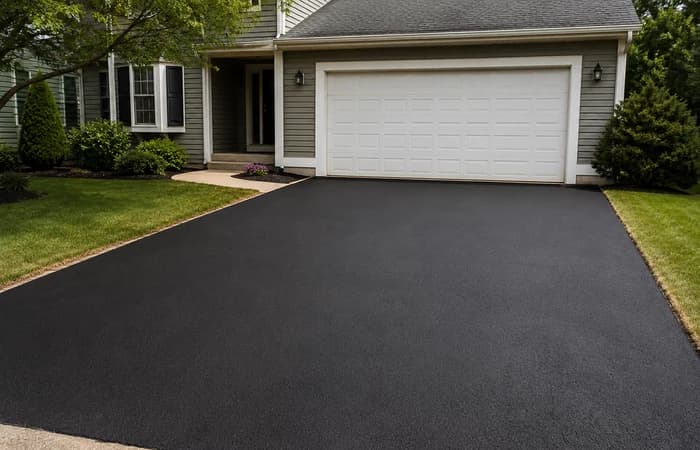 Clean residential asphalt driveway in front of a normal home