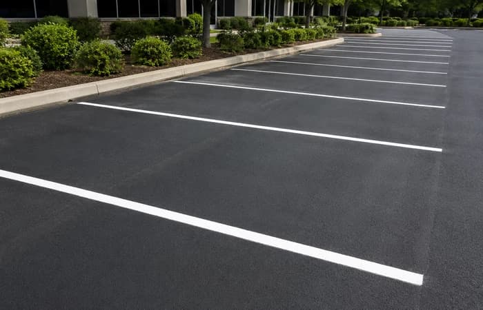 Fresh white parking lot lines on dark asphalt