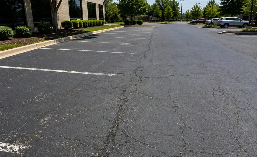 Customer-style photo of a cracked commercial parking lot with faded lines