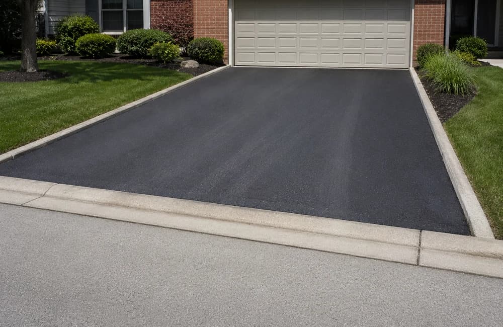 Normal home with clean dark asphalt driveway