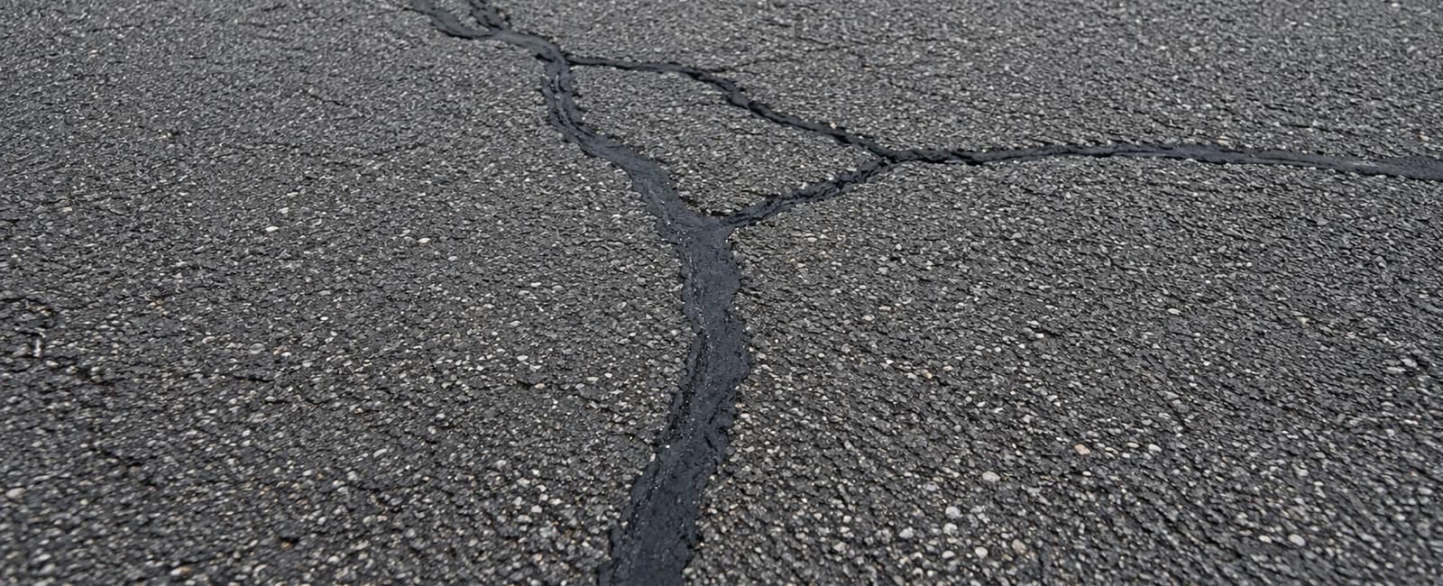 Asphalt closeup with visible crack filler lines