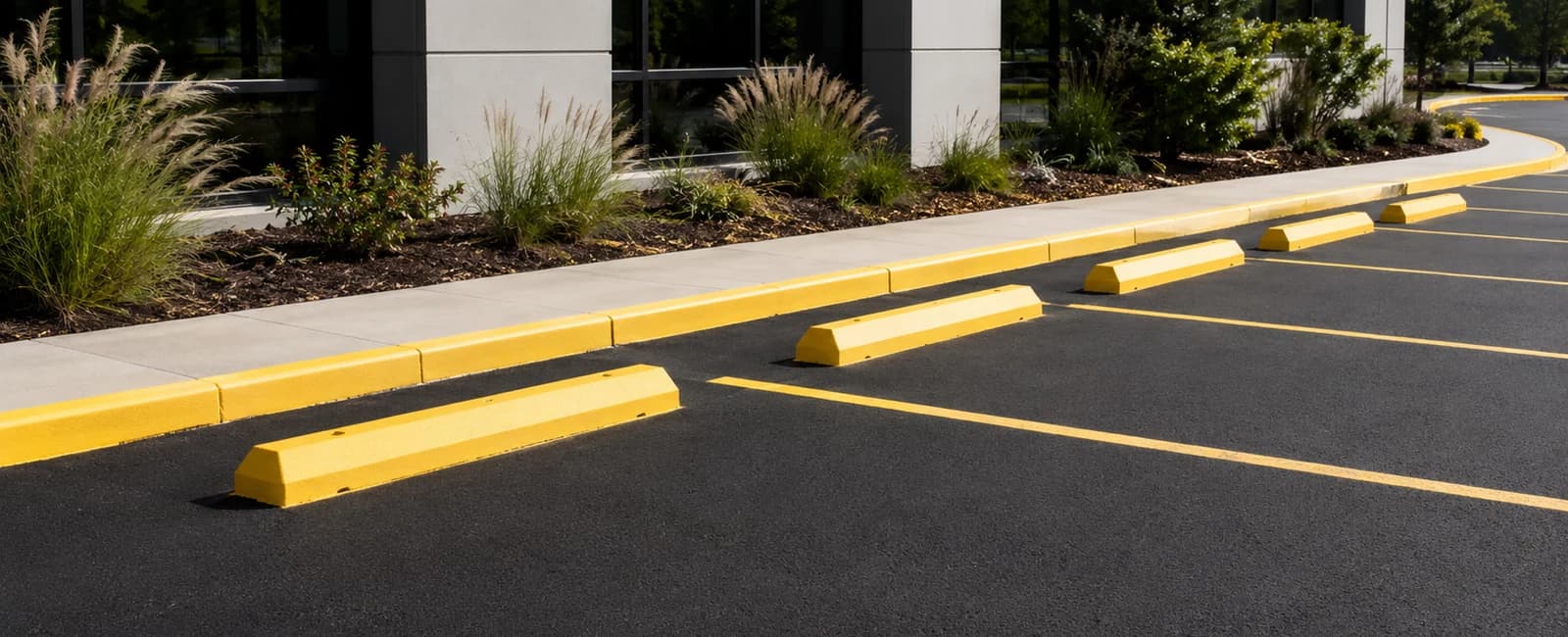 Commercial parking lot with yellow curb and wheel stops