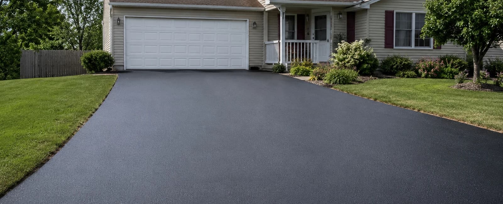 Residential home with clean dark asphalt driveway