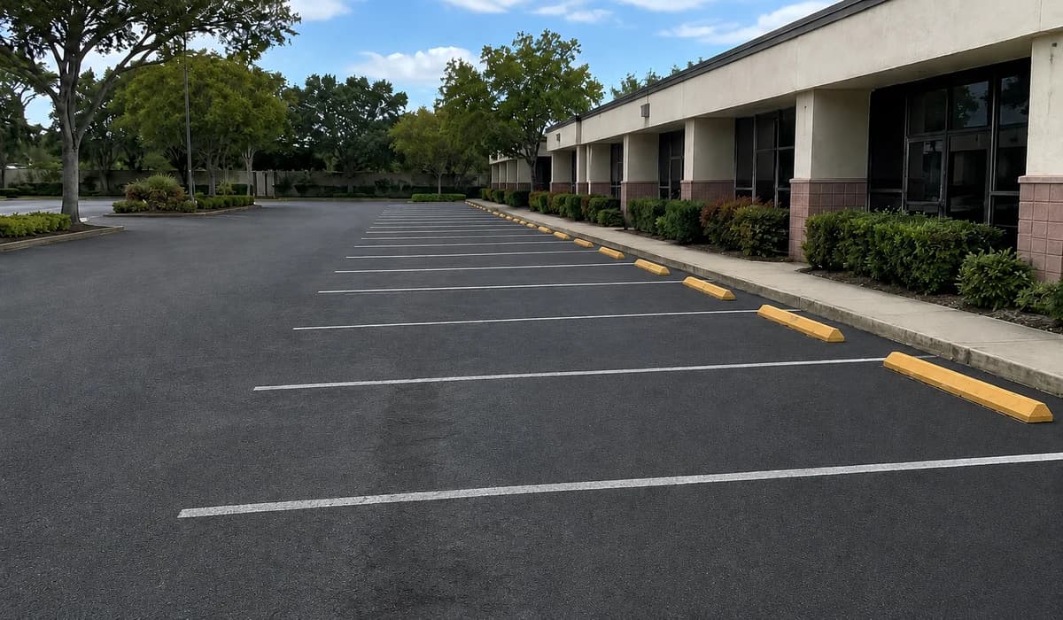 Same commercial parking lot after darker sealcoating and clearer line striping