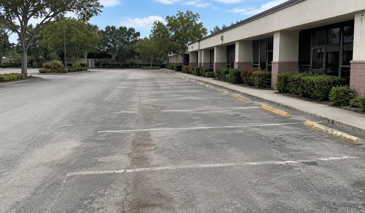 Faded commercial parking lot before sealcoating and restriping