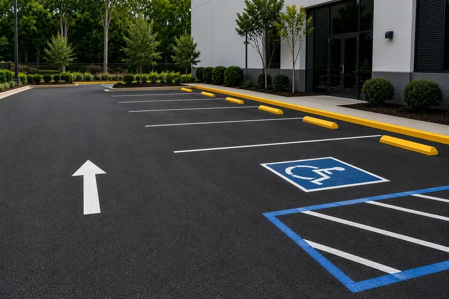 Commercial parking lot with yellow curb paint, centered wheel stops, white arrow, and accessible marking