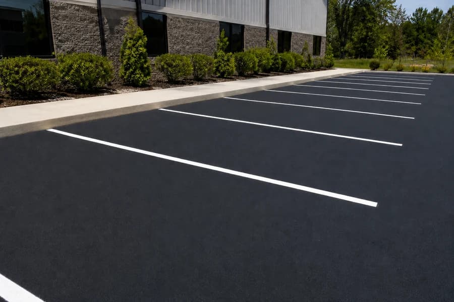 Clean parking lot line painting with straight white parking space stripes